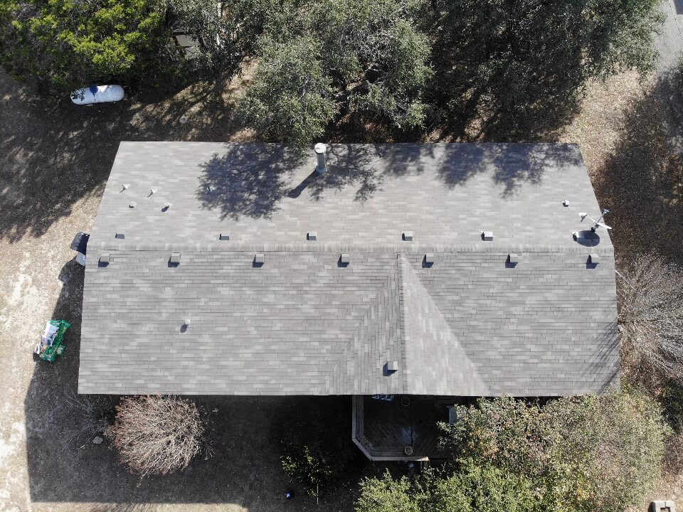 Newly replaced shingle roofing in Liberty Hill, Central Texas.