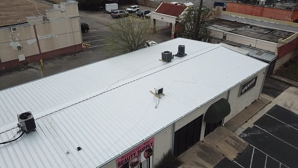 Metal roof in Austin on top of Beauty Supply building.