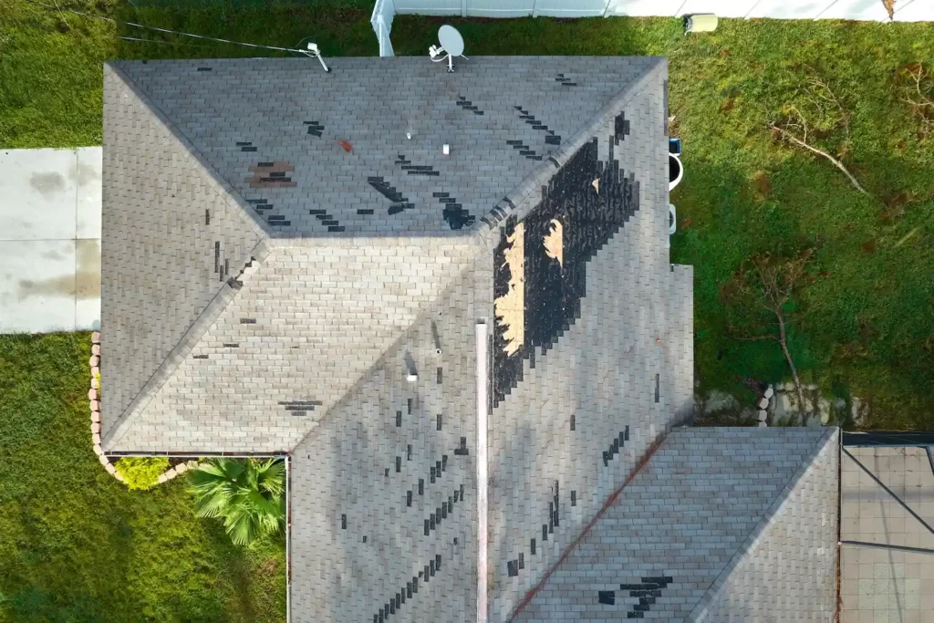 Birds eye view of Austin roof repair to damaged shingles.