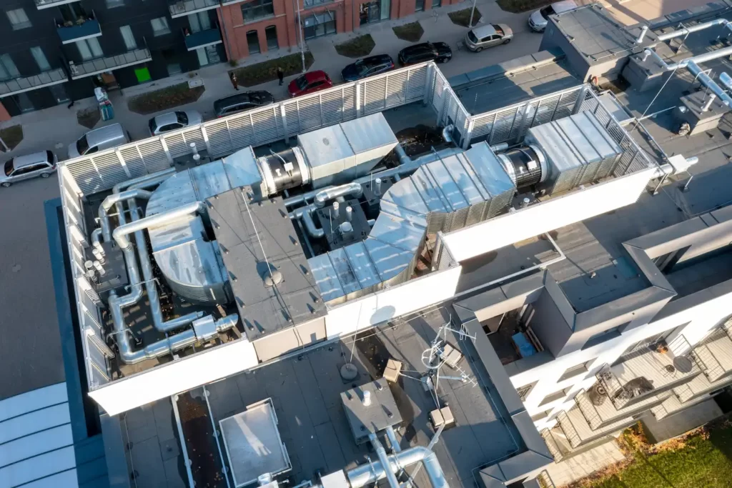 Commercial roof in Austin with ventilation system.