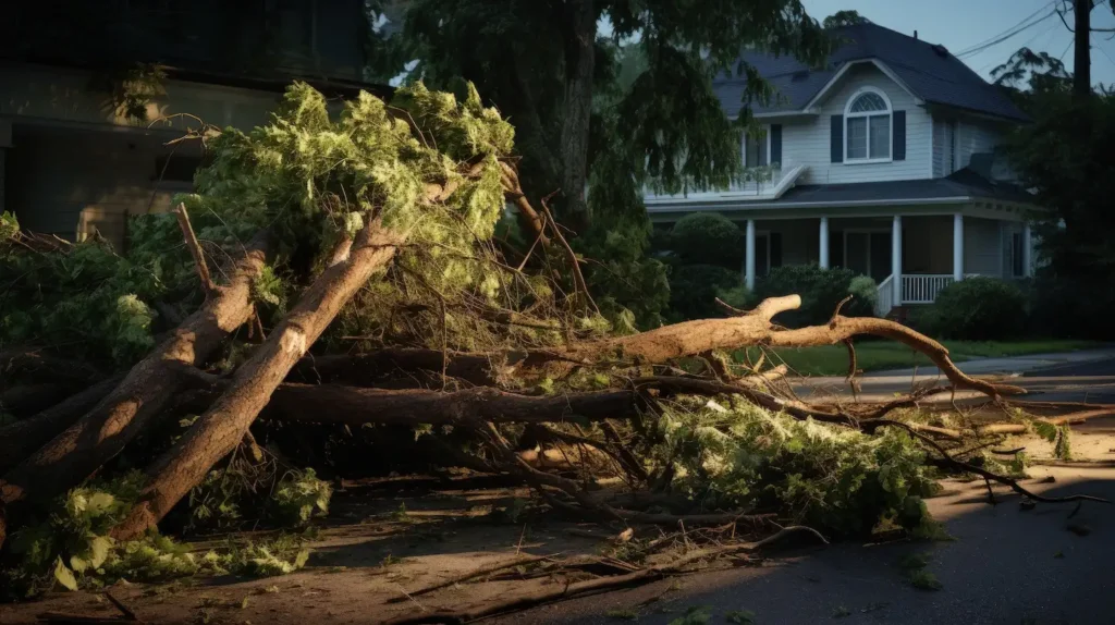 Fallen tree branches in front of home in Austin after wind storm.
