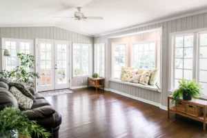 Interior of home in North Austin near Georgetown with bay window and juliet doors.
